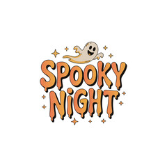 Cute Halloween graphic design for Spooky Night.A vibrant graphic design featuring the words "Spooky Night" in a stylized, dripping orange font, with a small, cartoon ghost design element.