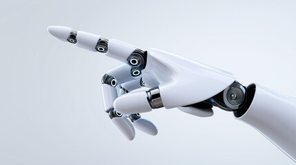 A white robot hand with metallic joints extends its index finger, pointing towards the left on a white background.
