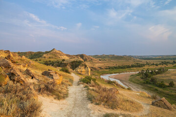 View from Wind Canyon Trail in Theodore Roosevelt National Park at golden hour