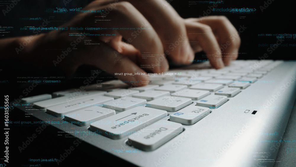 Poster close-up view of hands placing fingers on a keyboard, highlighting the connection between typing and