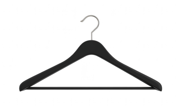 Black plastic hanger with a metal bar for on a white background, png, transparent