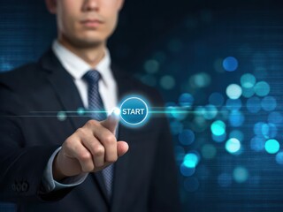 Businessman s finger presses glowing start button on futuristic digital interface