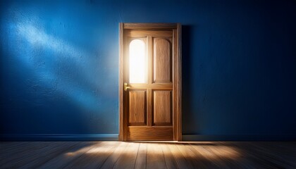 an old wooden door slightly open on a dark blue textured wall with bright warm light glowing from the doorway casting a soft shadow on the floor evoking mystery and hope