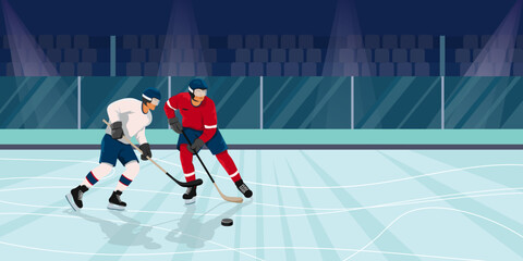 Two ice hockey players in action on ice rink, flat graphic style, indoor arena background with lights, concept of competition in sports. Vector illustration