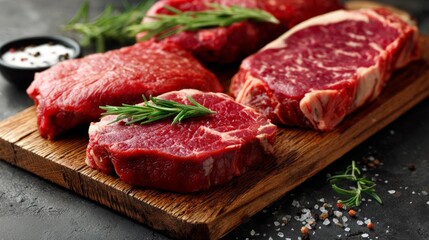 Fototapeta premium A neatly arranged selection of raw steaks on a wooden cutting board, showcasing the marbling and rich red color of the fresh beef