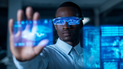 A Black man wears futuristic AR glasses and interacts with holographic screens displaying data and graphs, representing advanced technology and analysis.