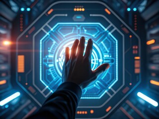 Human hand interacting with futuristic blue holographic interface in sci fi setting