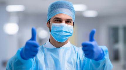 A male surgeon or medical professional in scrubs, mask, and gloves gives a thumbs-up gesture, indicating success or approval.