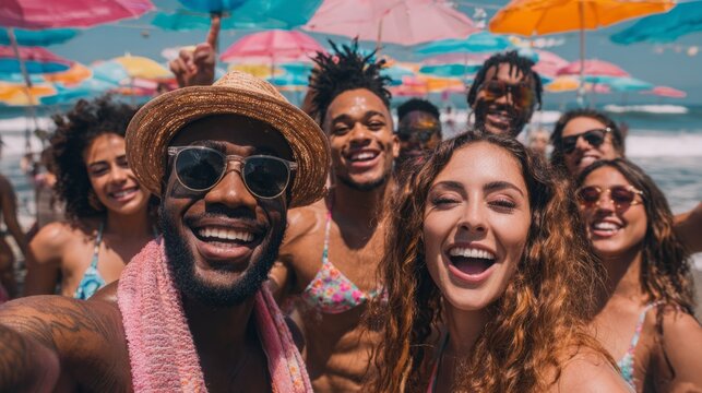 A happy diverse group of friends laughing and having fun at a beach party, with umbrellas, beach towels, and ocean waves in the background, bright sunny day.