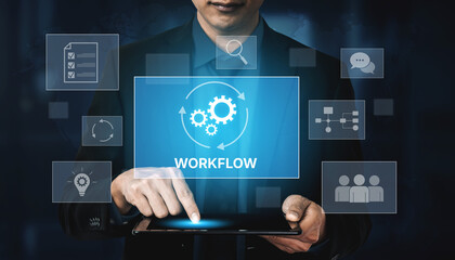 Workflow optimization concept featuring interconnected gears, task management, collaboration,...