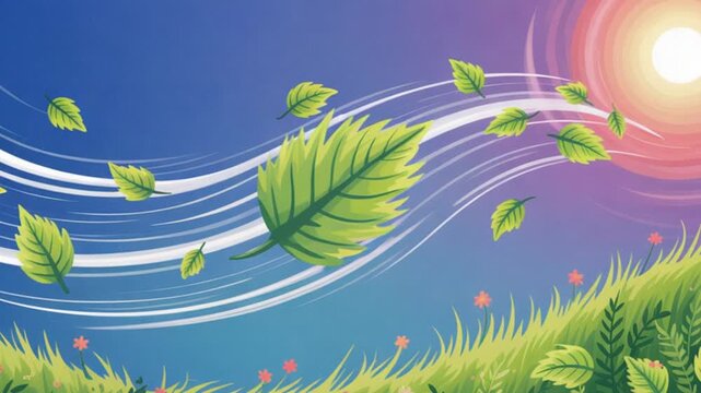 Animated Leaves Blowing Wind Nature Spring Summer Green Grass Sunlight Breeze Cartoon Style Perfect for Backgrounds Presentations Websites Mobile Apps Download High Resolution