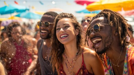 A happy diverse group of friends laughing and having fun at a beach party, with umbrellas, beach towels, and ocean waves in the background, bright sunny day.