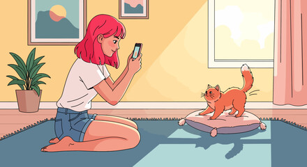 Cartoon girl with pink hair taking a photo of an orange cat on a pillow