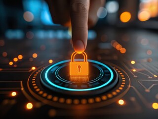 Finger presses glowing orange padlock on futuristic digital interface for security