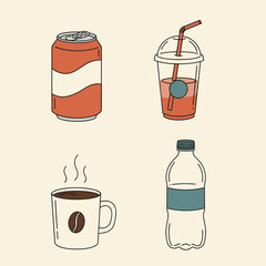 Illustration of four different beverages: soda can, iced drink, coffee, and water bottle on transparent background