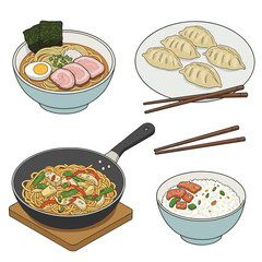 Illustration of ramen, dumplings, stir-fry, and rice on transparent background