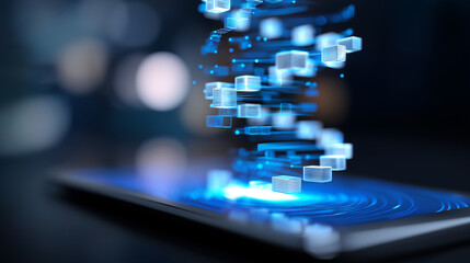 A glowing blue abstract DNA helix made of connected blocks rises from a tablet screen, symbolizing genetic engineering or biotechnology.
