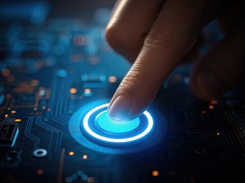 Finger presses glowing blue button on futuristic circuit board technology