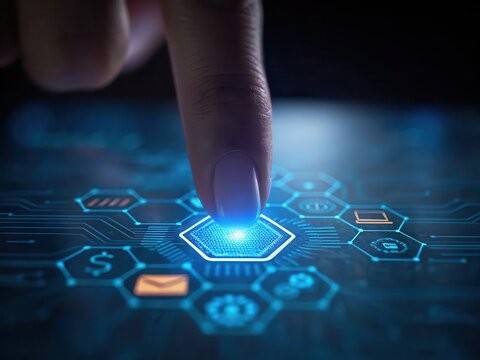 Finger presses glowing blue hexagon on futuristic digital interface with icons
