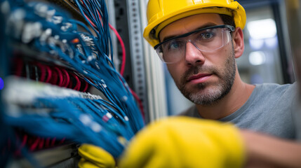A male technician in a hard hat, safety glasses, and gloves meticulously works with network cables in a server room.
