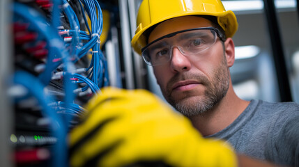 A male technician in a hard hat, safety glasses, and gloves meticulously works with network cables in a server room.
