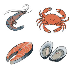 Illustration of shrimp, crab, salmon steak, and oysters on transparent background