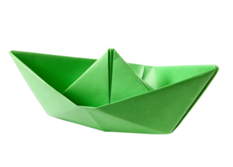 Green paper boat origami isolated on a transparent background folded