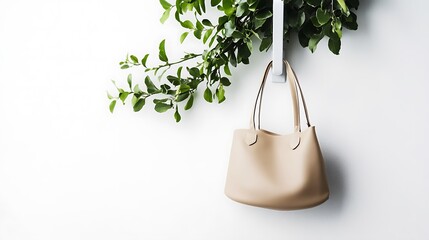 Minimalist beige tote bag elegantly displayed on a white hook with lush green foliage
