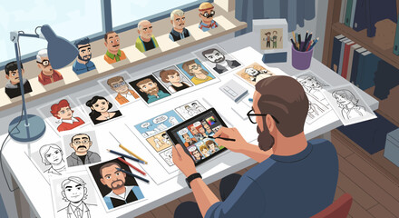 Cartoonist at work, drawing comic book panels on a digital tablet with character sketches