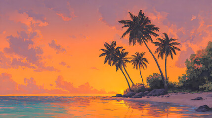 Tropical Beach Paradise at Sunset with Palm Trees and Vibrant Sky Serene Coastal Scenery for Relaxation and Vacation Getaway Beautiful Ocean View