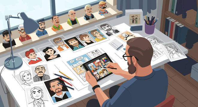 Cartoonist at work, drawing comic book panels on a digital tablet with character sketches