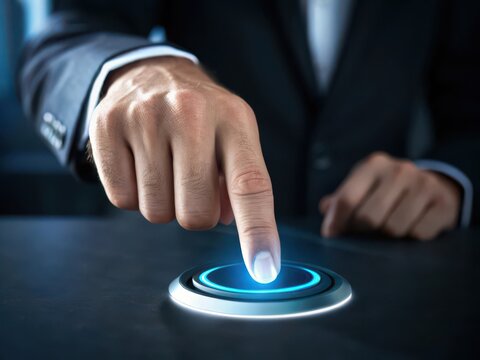 Businessman s finger activating a futuristic glowing blue button interface