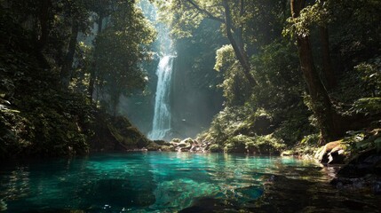 A magnificent waterfall cascading into a crystal-clear pool in a lush tropical rainforest, with sunlight filtering through the canopy.