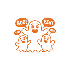 Cute Ghosts with Halloween Exclamations.A cheerful illustration of three cartoon ghosts, depicted in a playful, friendly manner.
