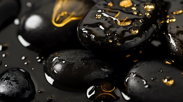 Close up of smooth black stones glistening with water and gold accents
