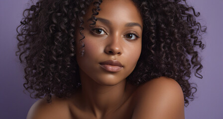 Fototapeta premium Thoughtful profile portrait of a Black person with medium brown skin, curly dark hair, soft warm lighting, hand resting on cheek against a purple background