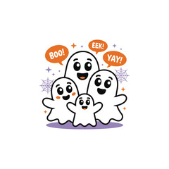 Cute Ghost Family Celebrating Halloween.A joyful cartoon illustration of a ghost family, perfect for Halloween-themed designs.