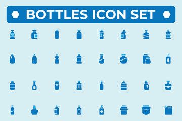 Set of bottle Drink solid Icons. and liquid, milk bottle, beer bottle, plastic bottle icon. Vector illustration.