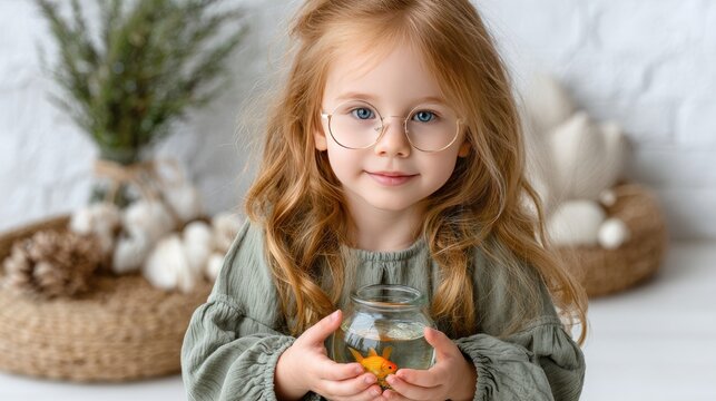 A young girl with glasses and red hair admires goldfish in an aquarium, showcasing her sense of wonder in a bright studio setting - Powered by Adobe