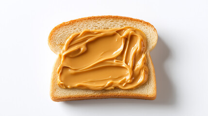 A close-up shot of a single slice of white bread topped with a generous swirl of creamy peanut butter on a yellow background.
