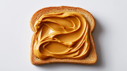 A close-up shot of a single slice of white bread topped with a generous swirl of creamy peanut butter on a yellow background.
