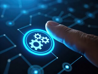 Finger interacts with glowing blue gear icon on digital network interface