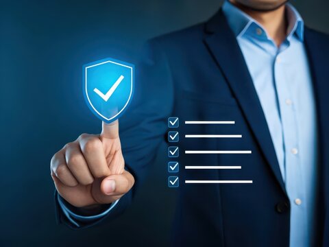 Businessman interacting with digital security shield and checklist interface