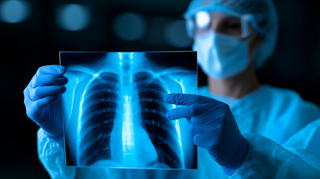 A medical professional in scrubs, mask, and gloves examines a chest X-ray in a clinical setting.
