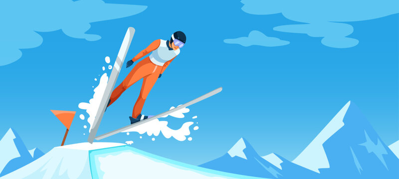 Athlete in orange ski suit jumps off snowy ramp with skis spread in air, flat cartoon style, blue sky and mountain background, winter sports concept. Vector illustration
