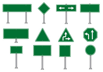 Illustration of various green road signs including directional and warning signs on white background
