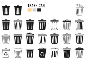 Illustration of various trash can icons in black and white with different styles and lid positions