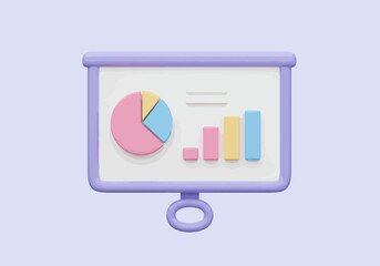 Presentation board displaying a pie chart and bar graph in pastel colors on a light purple background