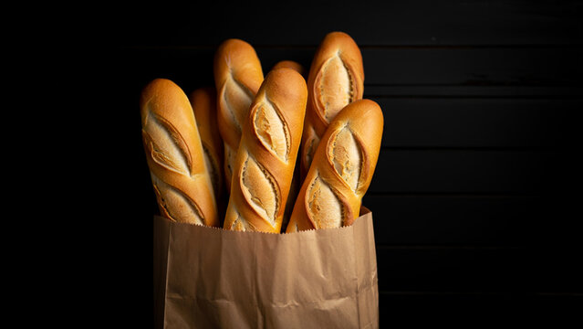 Freshly baked baguettes in a paper bag against a dark background