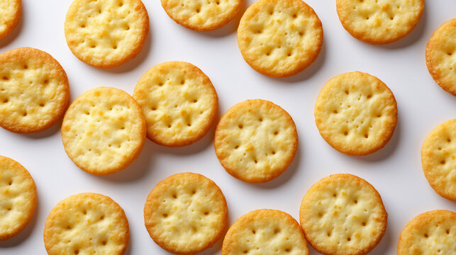 A top-down view of numerous round, golden-brown crackers scattered across a clean white background.

